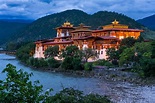 Punakha Dzong, a historic monastery fortress overlooking a valley in Bhutan.